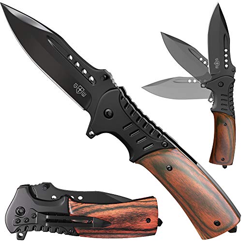 GRAND WAY Spring Assisted Folding Pocket Knife - Tactical EDC Knife with Wood Handle