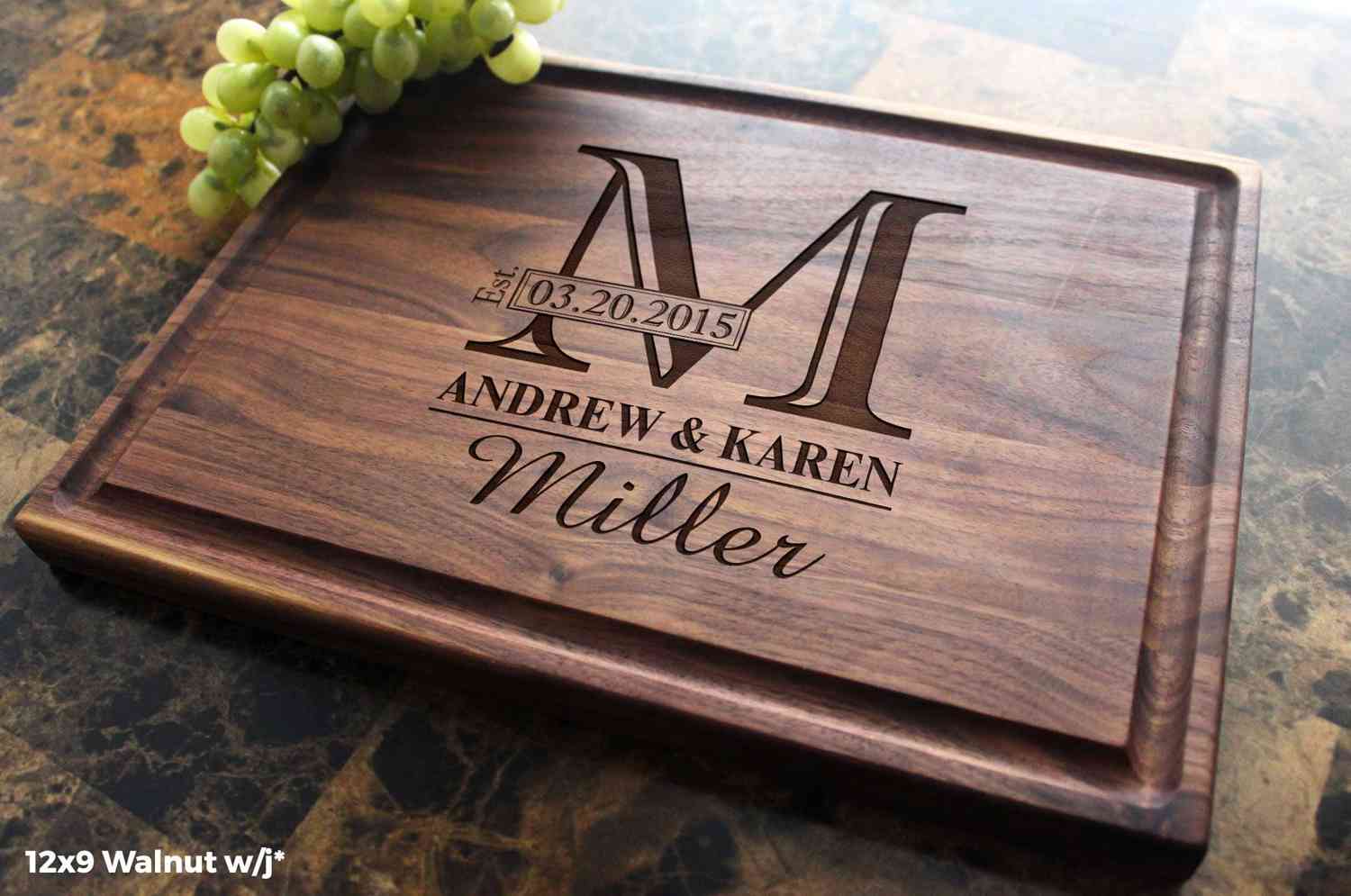 Personalized Engraved Wooden Cutting Board - Monogram Design for Wedding or Anniversary Gift