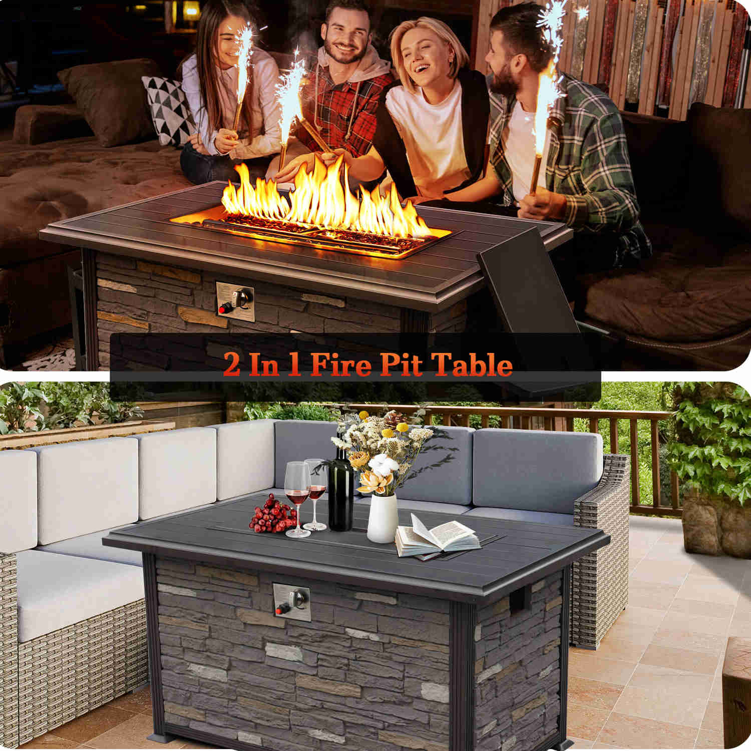 48 Propane Gas Fire Pit Table 50000 BTU Auto-Ignition with Aluminum Tabletop, Waterproof Cover, Glass Beads, Gray