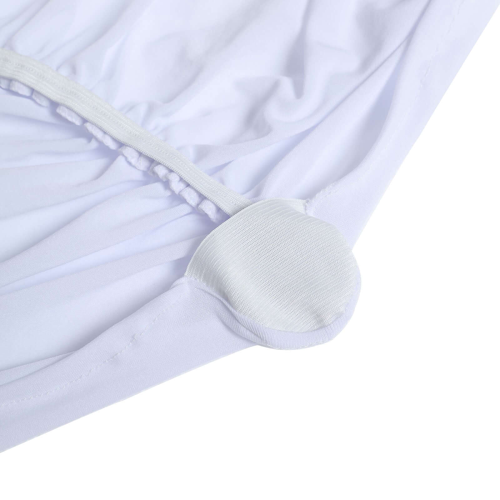 White Ruched Swag Back Spandex Fitted Banquet Chair Cover With Foot Pockets