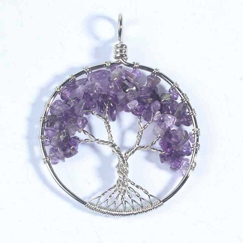 Natural Gnergy Gemstone Silver Plated Amethyst Wire Wrapped Chakra Tourmaline Tree Life Pendant Carnelian Jewelry