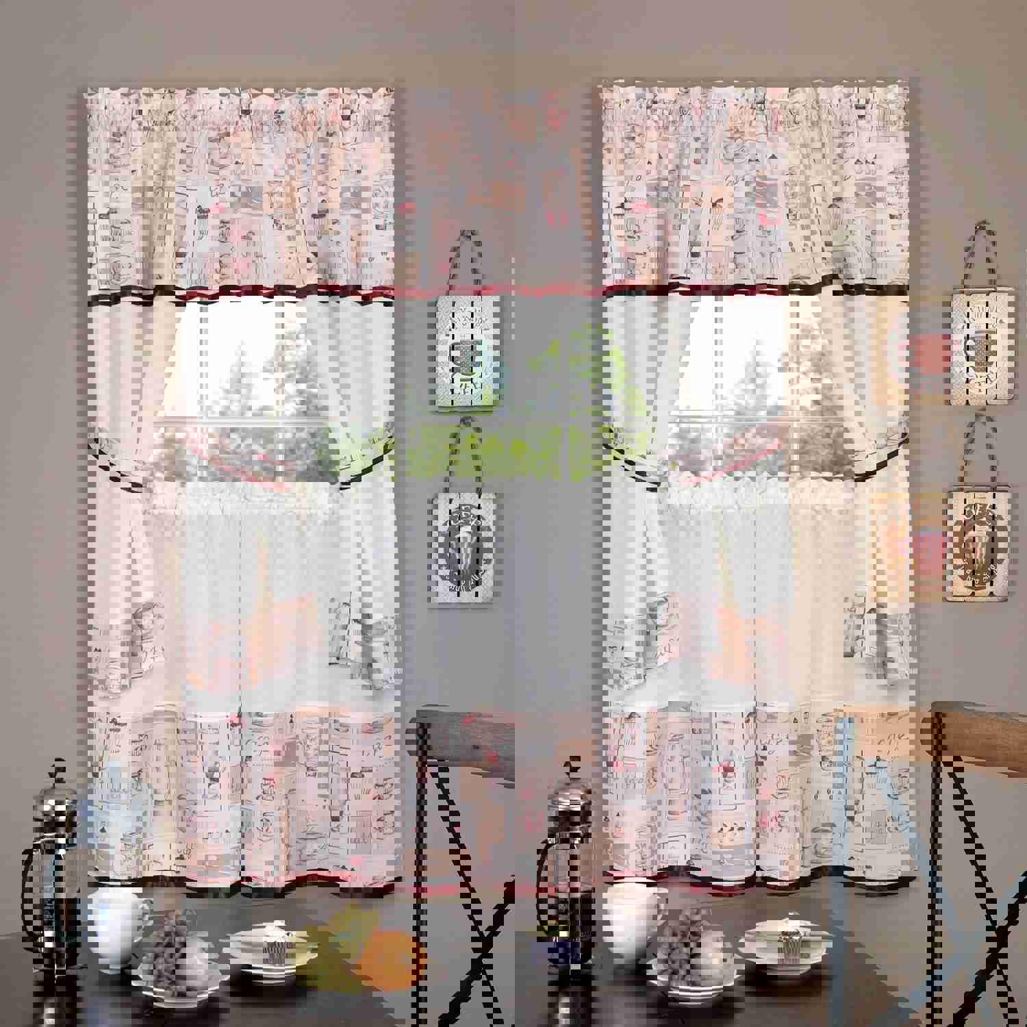 Cappuccino Printed Kitchen Curtain Tiers & Swag Set, 56x36 Inches