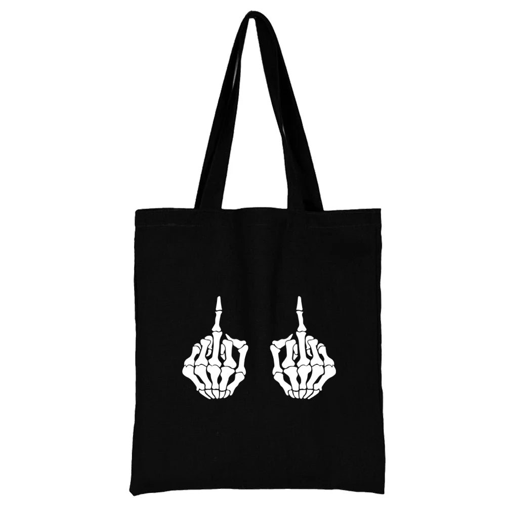 Women's Fashion Canvas Shopping Bag with White Picture Print - Large Capacity Reusable Tote Shoulder Bag