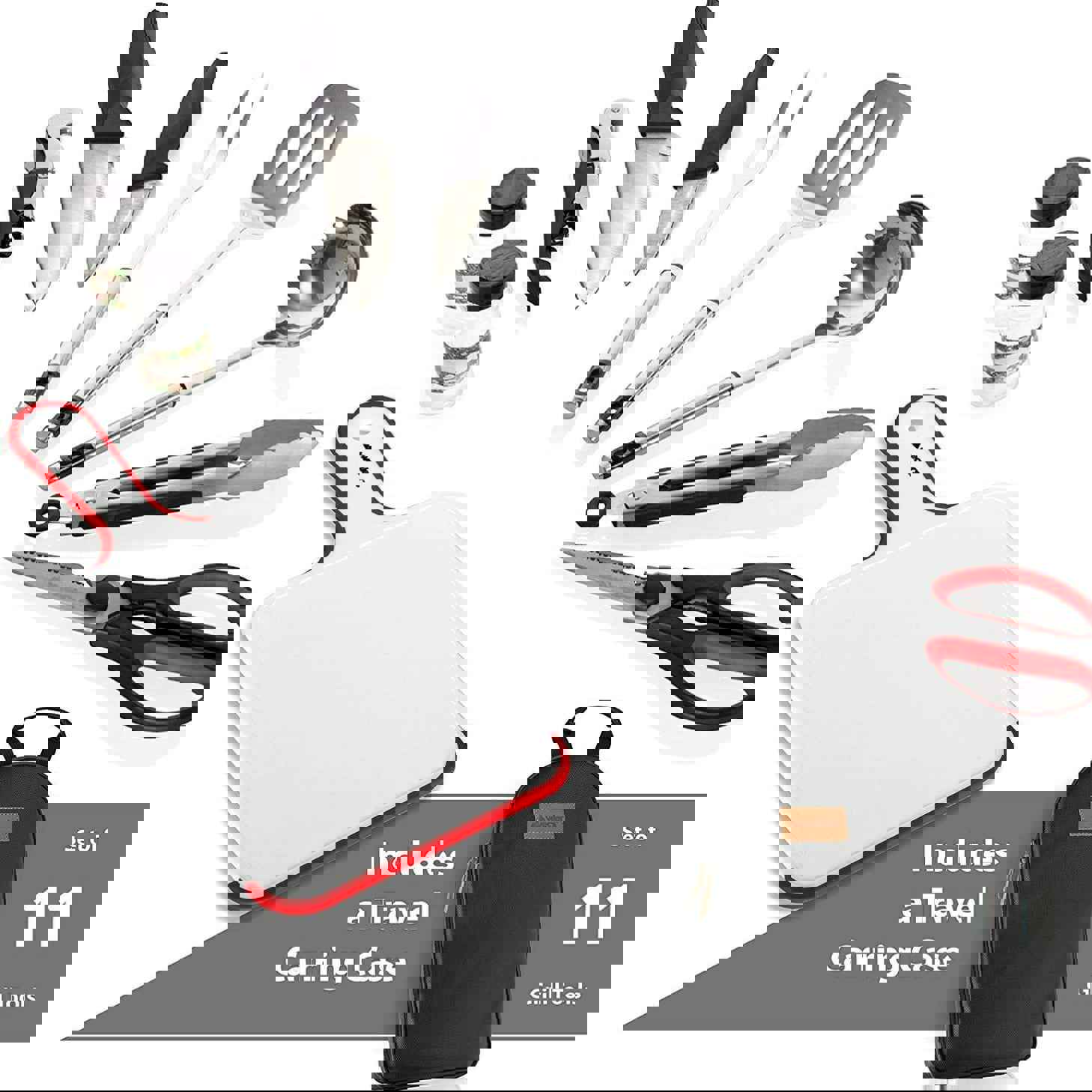 11 Piece Camp Kitchen Cooking Utensil Set - Compact Travel Organizer for BBQ, Camping, Hiking