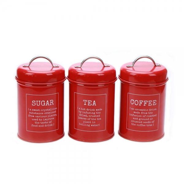 Set of 3 Metal Food Storage Tin Canisters for Coffee, Tea, and Sugar with Lid - Red