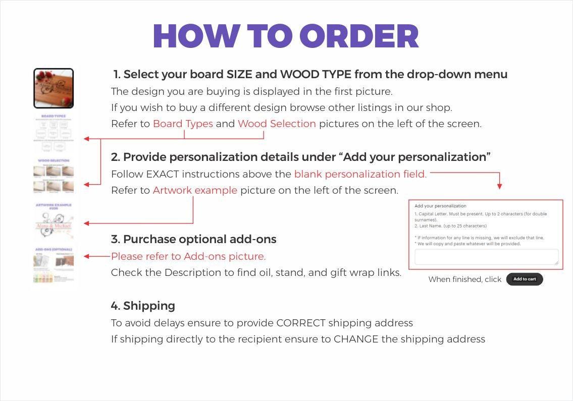 Personalized Engraved Wooden Cutting Board - Monogram Design for Wedding or Anniversary Gift