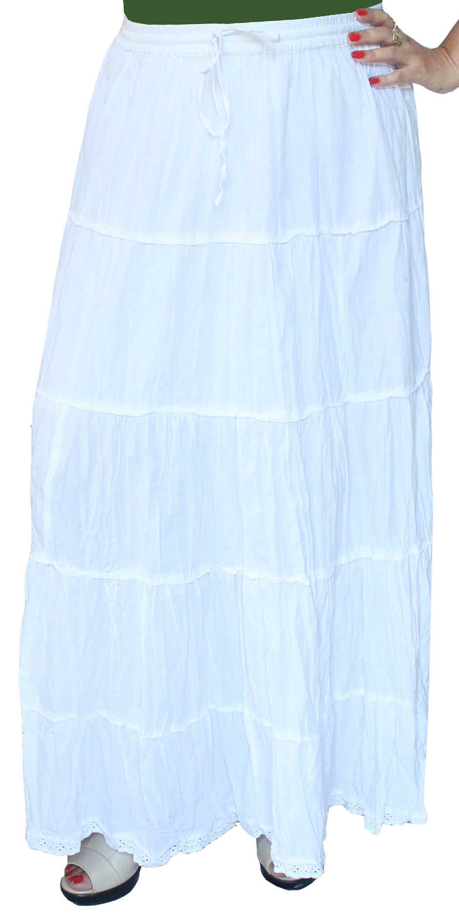 Women's Indian Long Skirt Cotton Lace Embroidered Skirt (White)