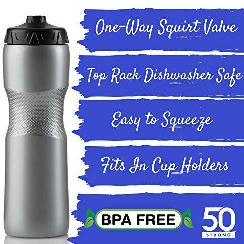 50 Strong Brand Jet Stream Sports Squeeze Water Bottle with One-Way Valve - Team Pack (Set of 6, 28 oz, Leak Proof, Made in USA)