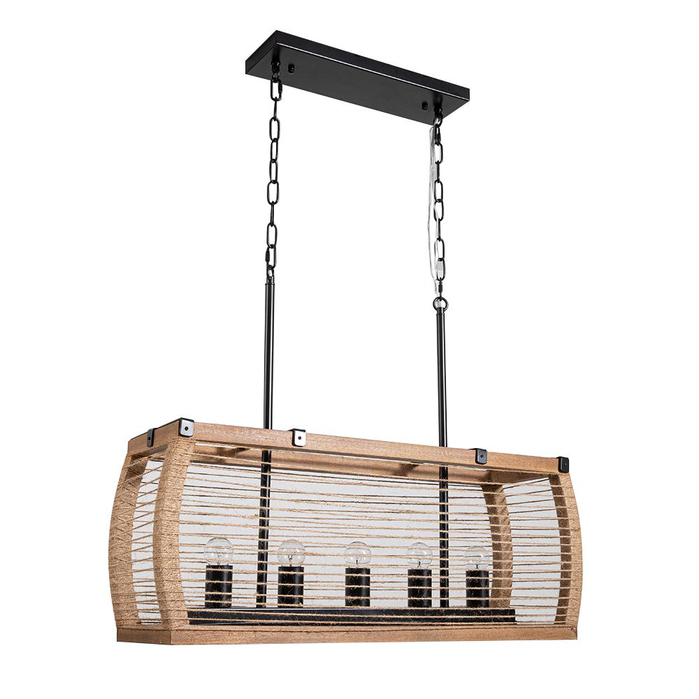 Rustic 5-Light Kitchen Island Linear Rectangle Pendant Light with Wood Washed & Jute Rope