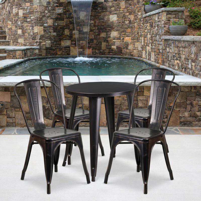 Flash Furniture Chauncey 24" Round Black-Antique Gold Metal Indoor-Outdoor Table Set with 4 Cafe Chairs