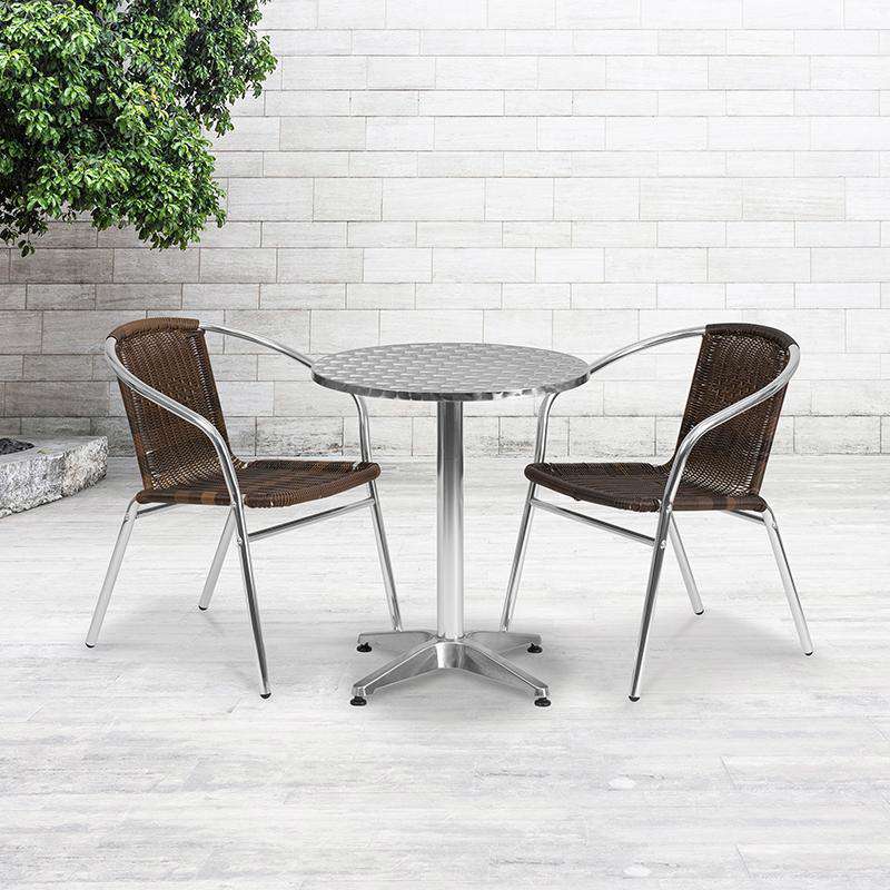 Flash Furniture 23.5 Round Aluminum Indoor-Outdoor Table Set with 2 Dark Brown Rattan Chairs