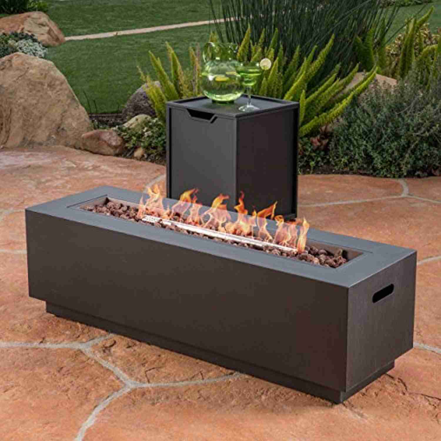 Jasmine Outdoor Dark Grey Finish Iron Rectangular Fire Pit - 50,000 BTU