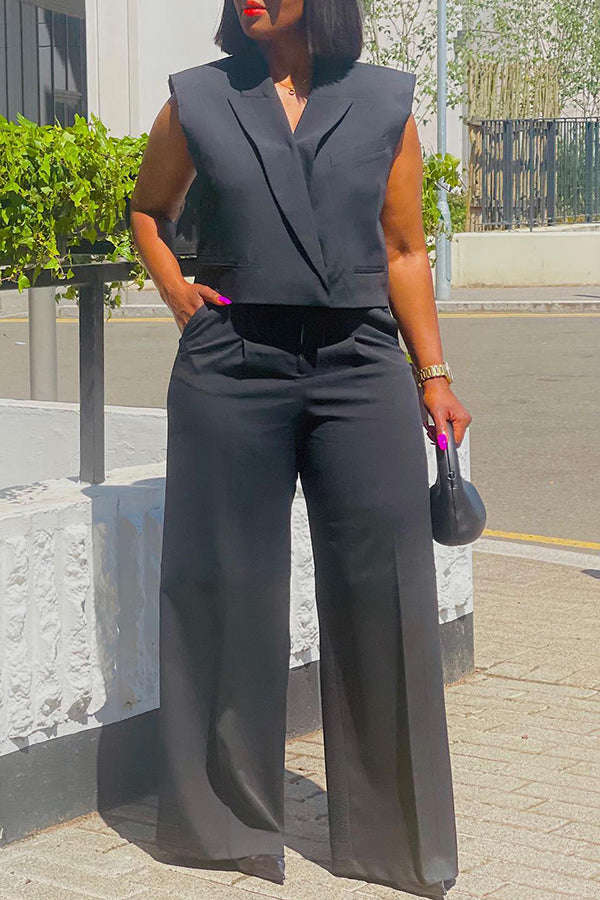 Fashion Trend Solid Color Suit Vest Wide Leg Pants Set