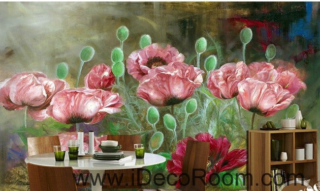 Pink Poppy Flower Illustration Wallpaper Wall Decals for Home Decor