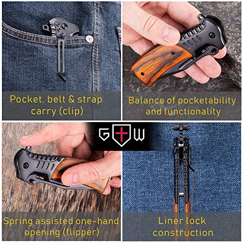 GRAND WAY Spring Assisted Folding Pocket Knife - Tactical EDC Knife with Wood Handle