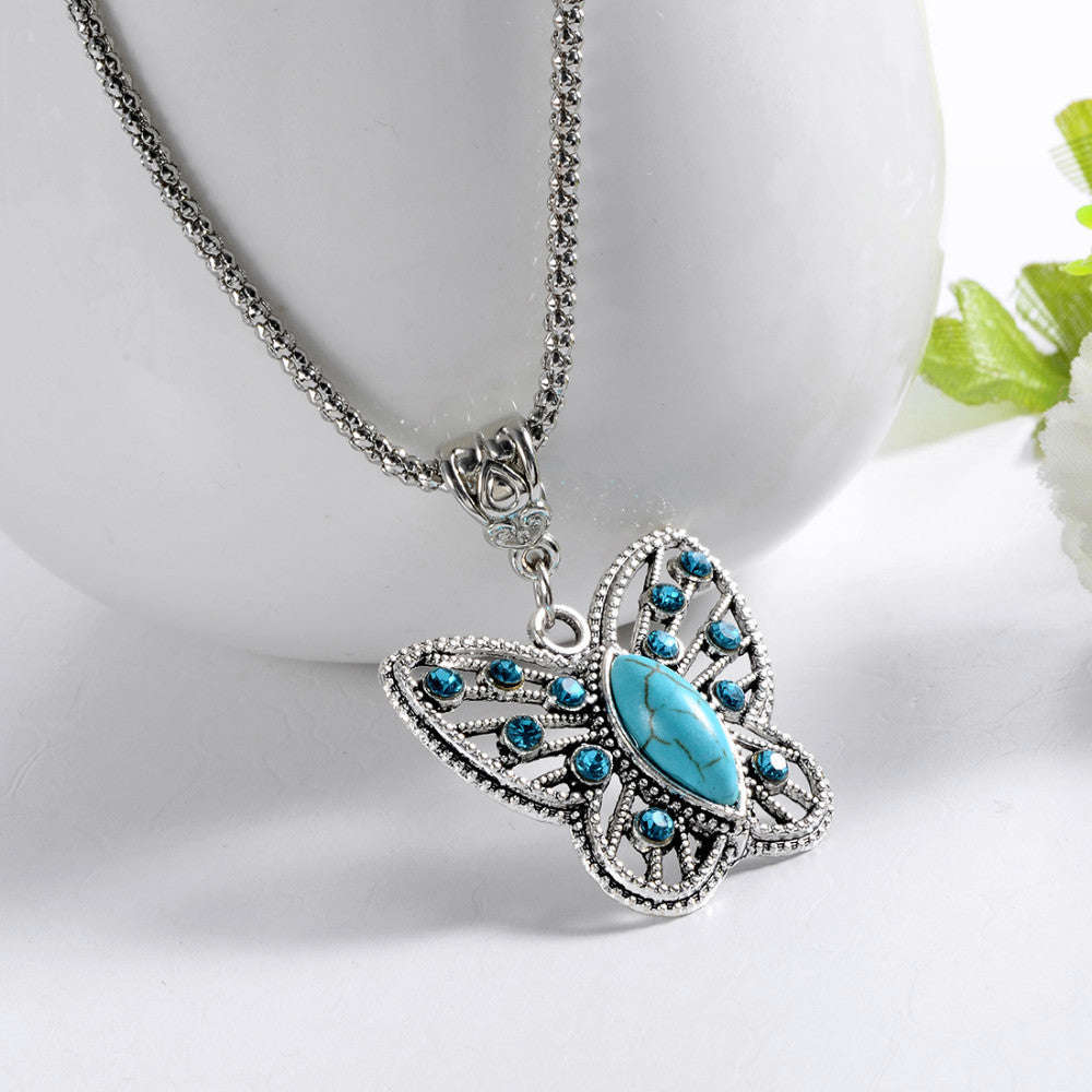 Special Butterfly Natural Turquoise Stone Necklace with Silver Pendant for Women