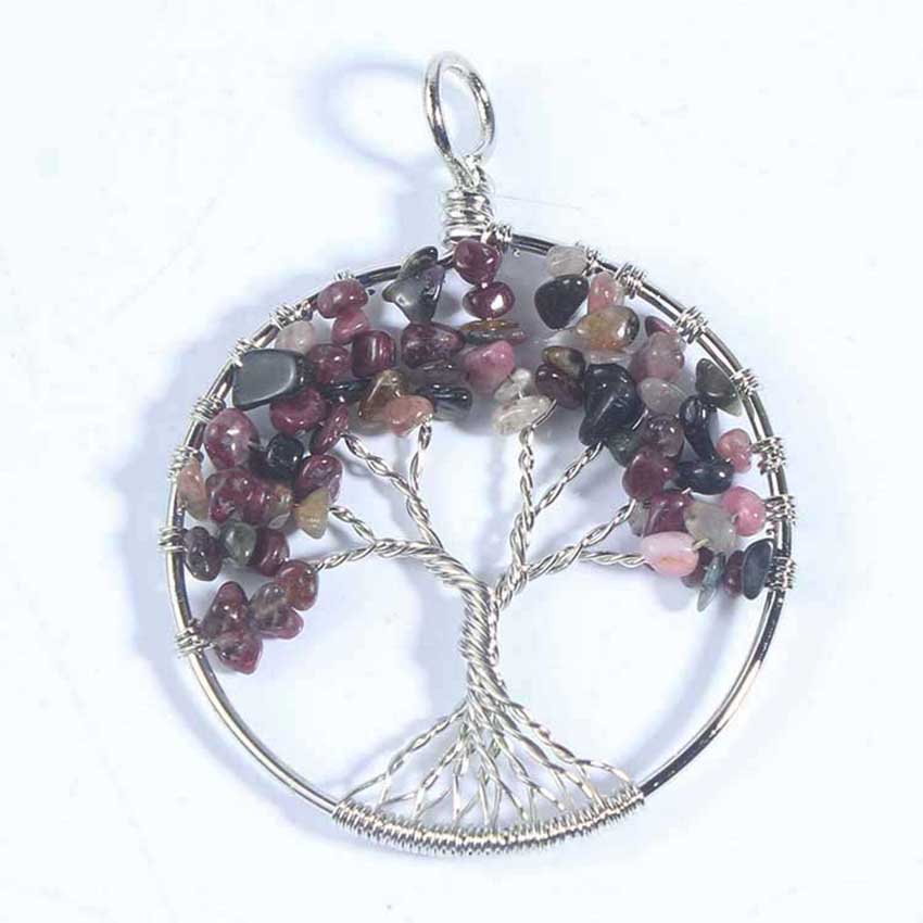 Natural Gnergy Gemstone Silver Plated Amethyst Wire Wrapped Chakra Tourmaline Tree Life Pendant Carnelian Jewelry