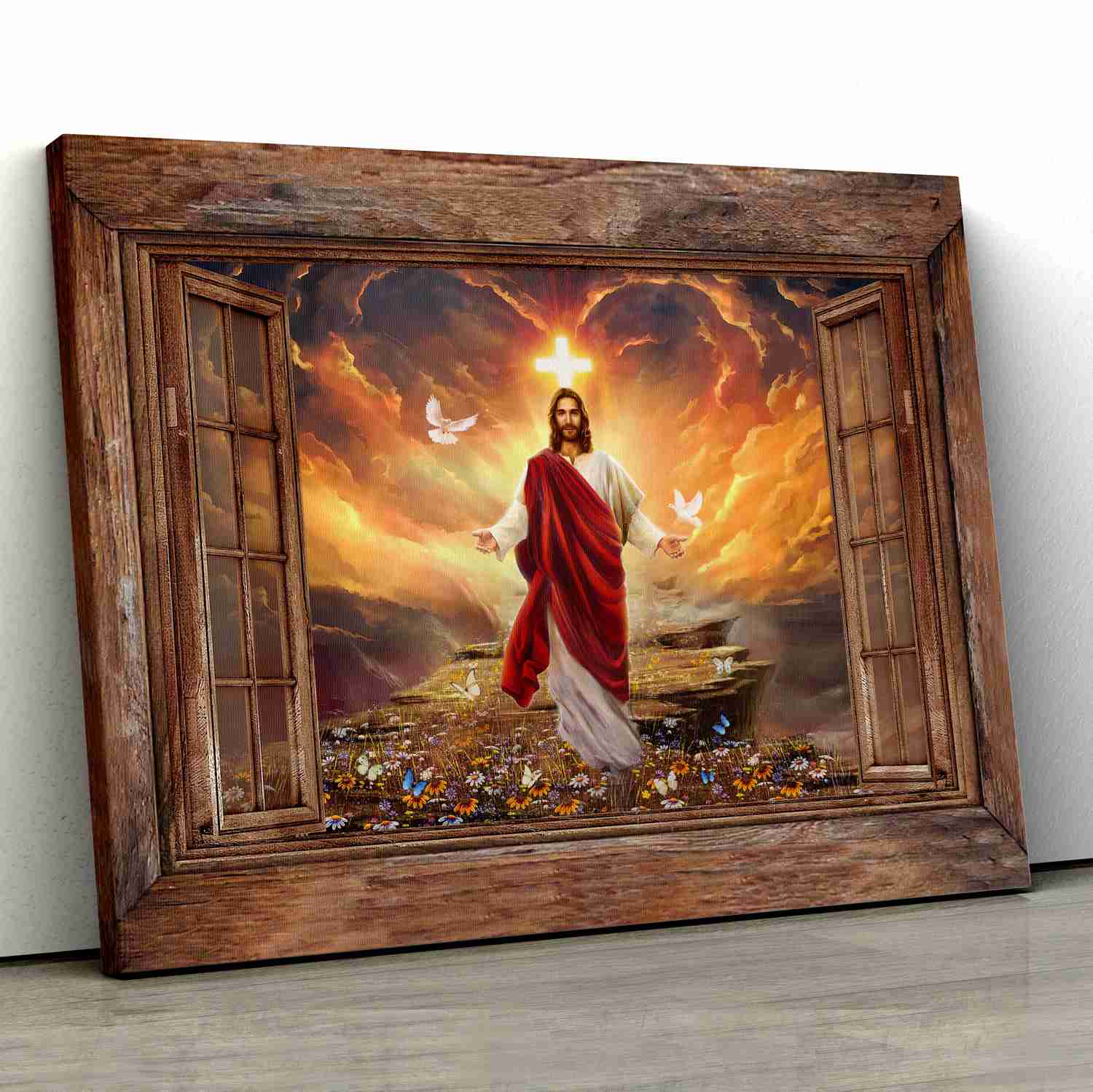 Jesus in Sunset Painting - Window Frame Canvas Print, Wall Art