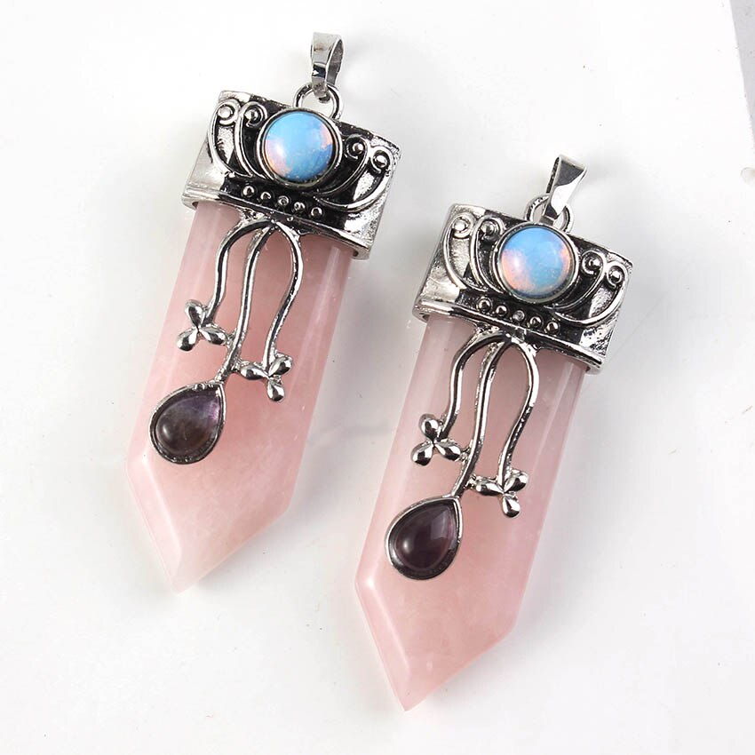 Natural Gnergy Gemstone Silver Plated Sword Stone Rose Pink Quartz Flower Pendant Fashion Jewelry