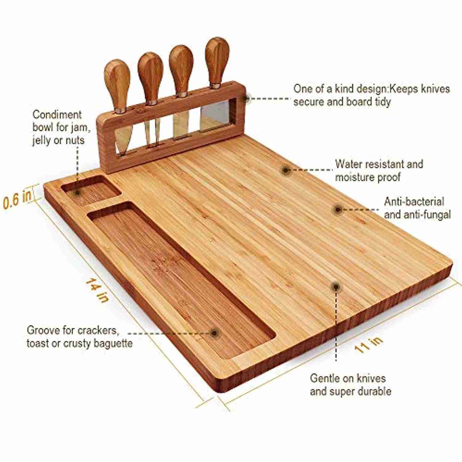 Bamboo Cheese Board Set with 4 Stainless Steel Knives - Perfect Gift for Christmas, Wedding, Birthday, and Anniversary