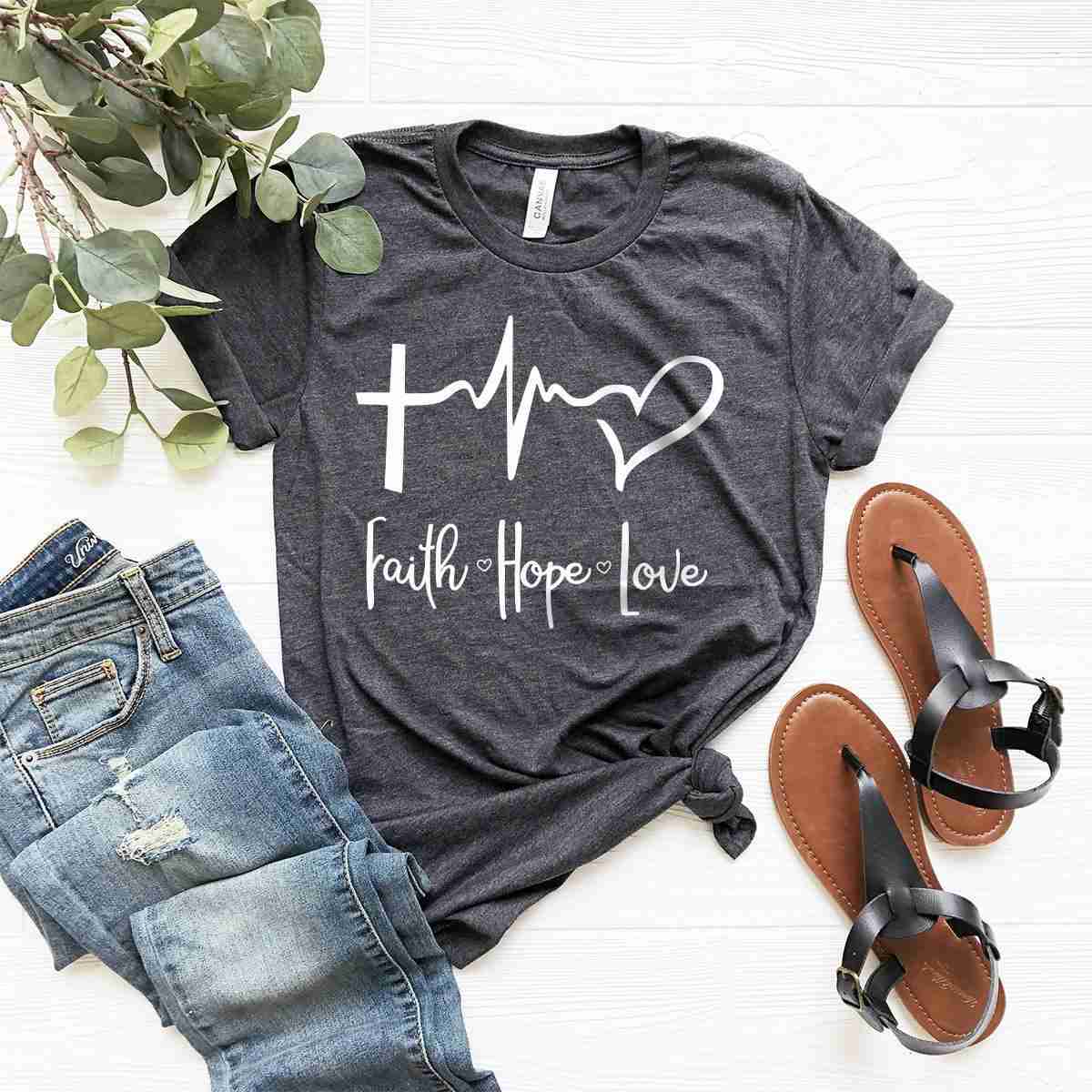 Faith Hope Love T-Shirt - Christian Heartbeat Tee with Cross Design
