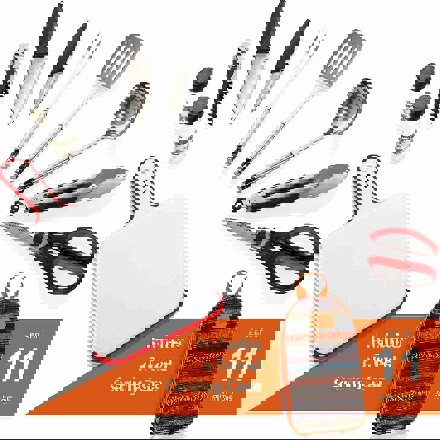 11 Piece Camp Kitchen Cooking Utensil Set - Compact Travel Organizer for BBQ, Camping, Hiking