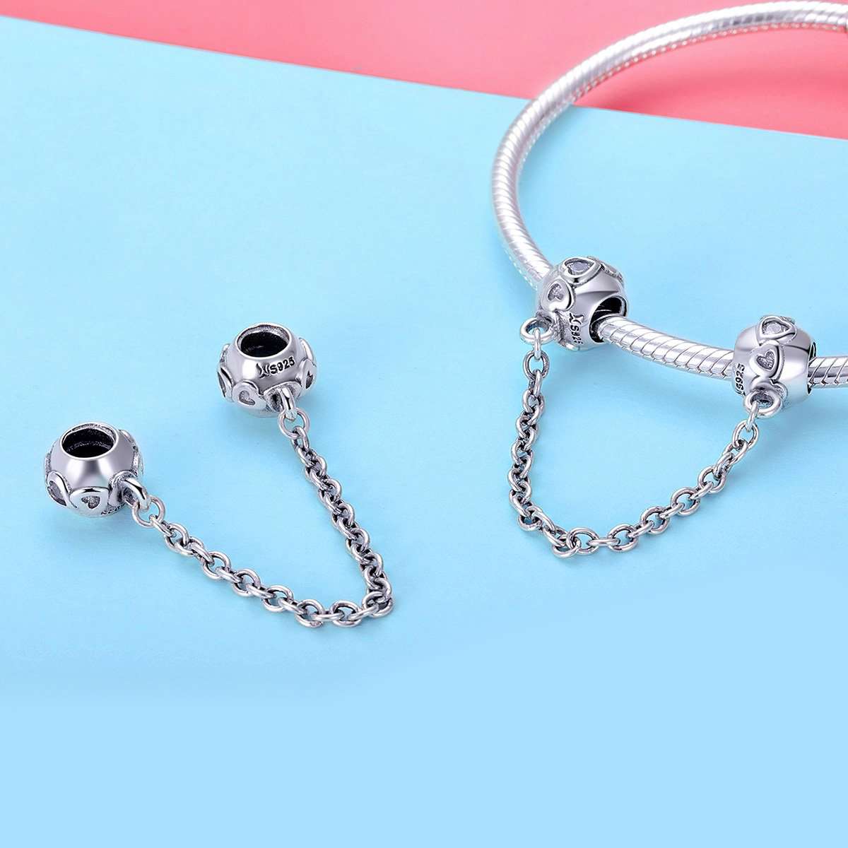 Sterling 925 Silver Heart Secure Chain Bead Pendant for Pandora & European Charm Bracelets