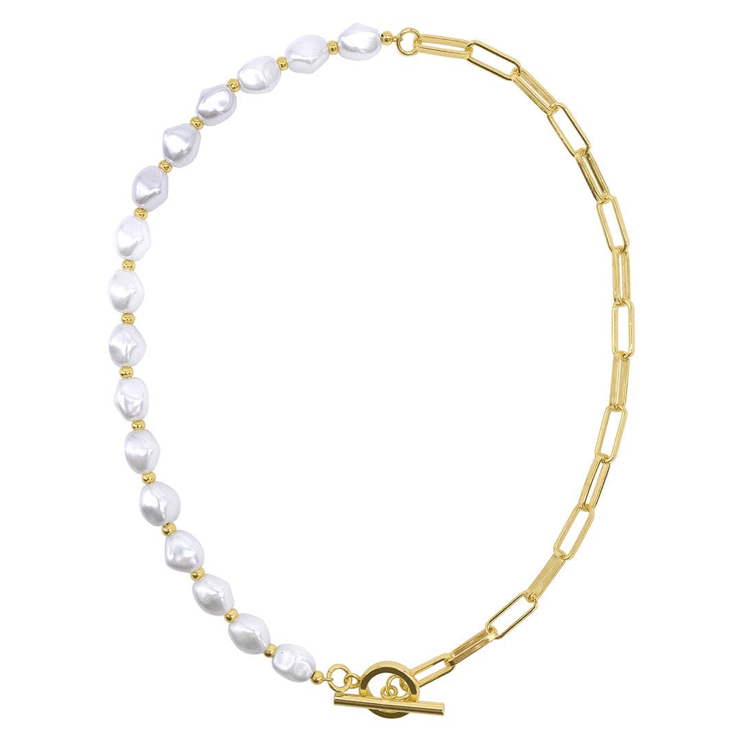 Pearl and Paper Clip Chain Toggle Necklace in Gold