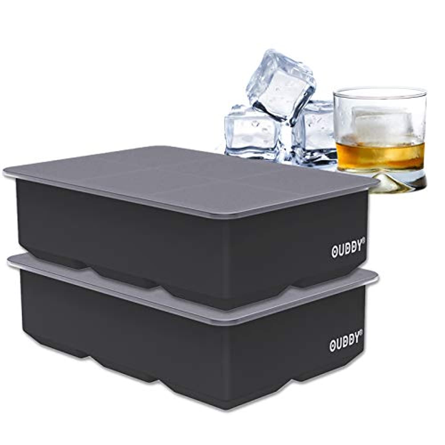 Ouddy 2 Pack Silicone Ice Cube Tray with Lid - 6 Large Cavities for 12 Ice Cubes, Reusable & Flexible Ice Mold Maker