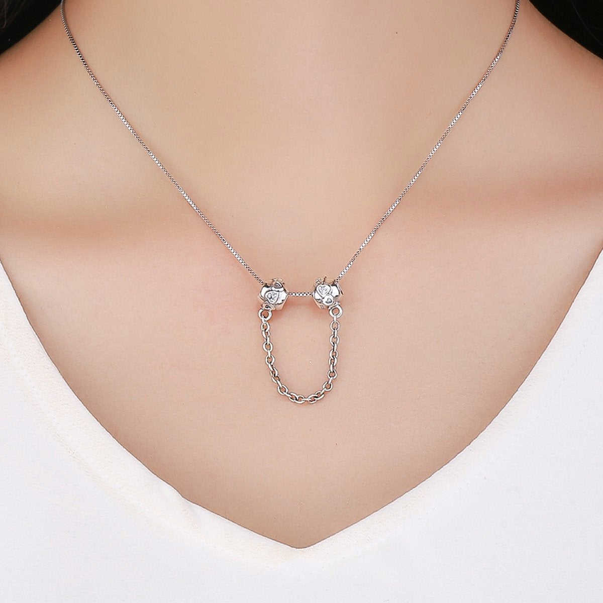 Sterling 925 Silver Heart Secure Chain Bead Pendant for Pandora & European Charm Bracelets