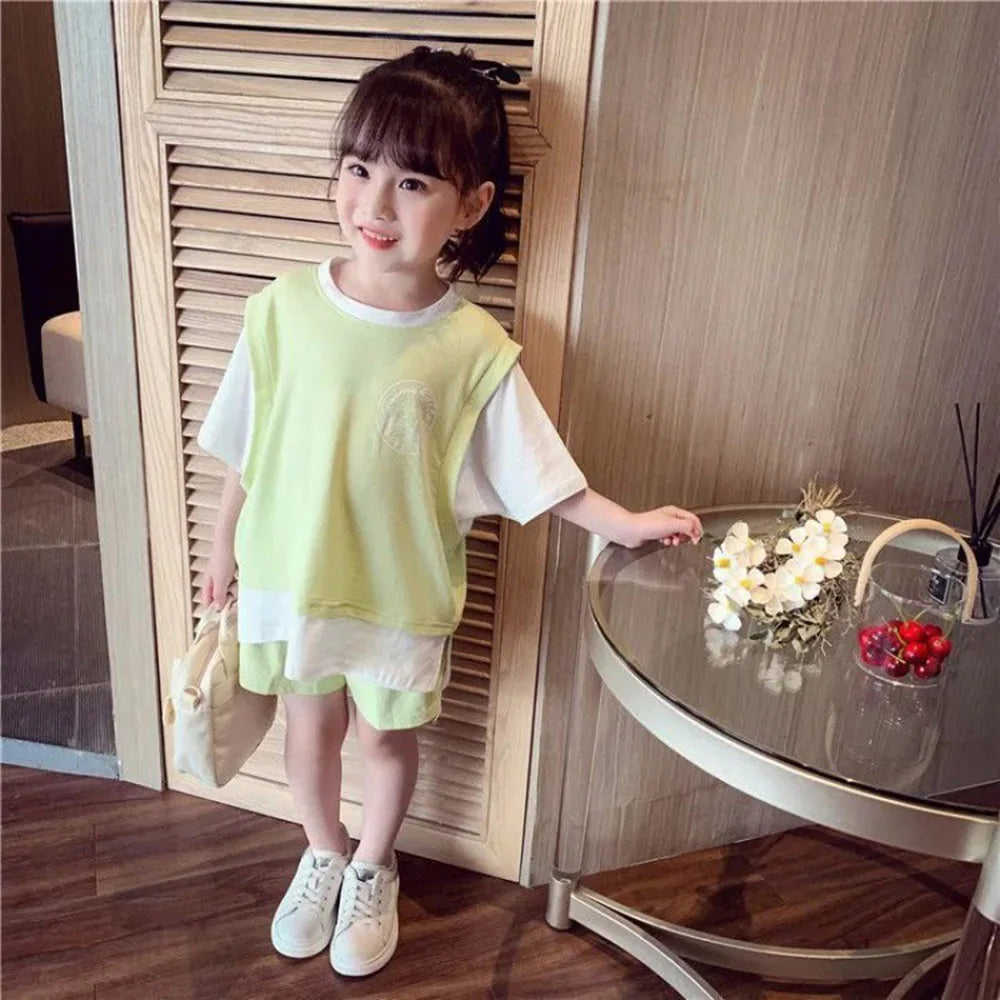 Kids Girls Patchwork Tops & Shorts Casual Clothing Set