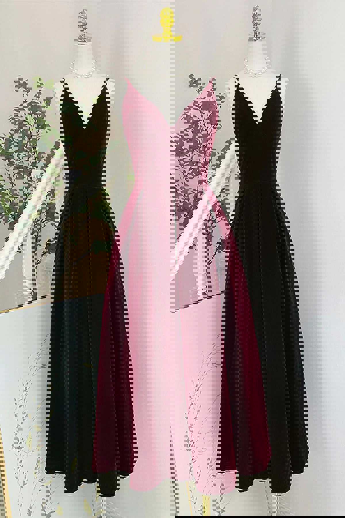 A Line V Neck Burgundy Black Tea Length Prom Dresses, Short Black Wine Red Formal Homecoming Dresses