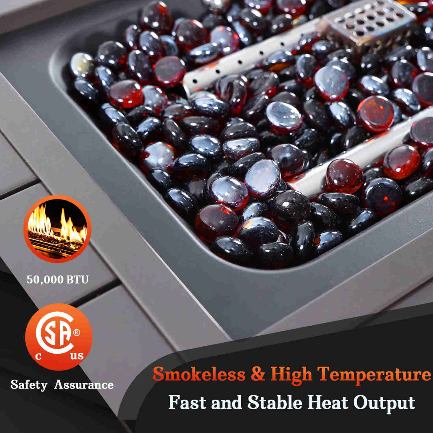 48 Propane Gas Fire Pit Table 50000 BTU Auto-Ignition with Aluminum Tabletop, Waterproof Cover, Glass Beads, Gray