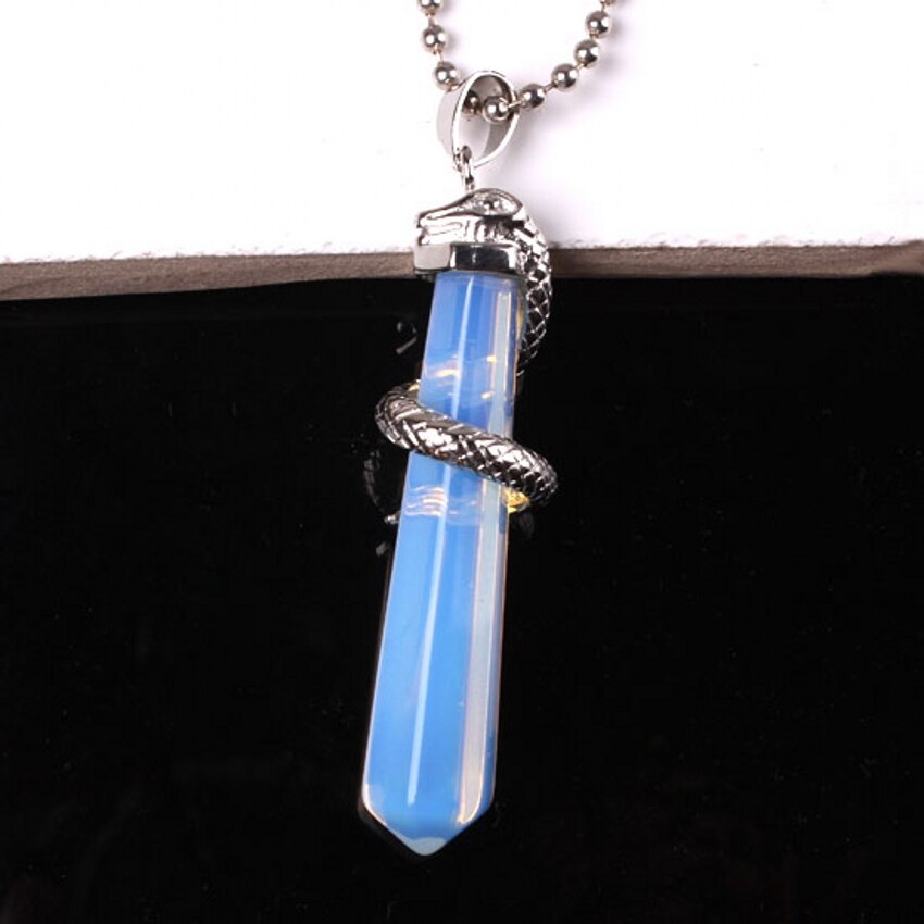 Natural Gnergy Gemstone Silver Plated Amethyst Rose Pink Quartz Opalite Hexagon Prism Snake Pendant Charm Jewelry