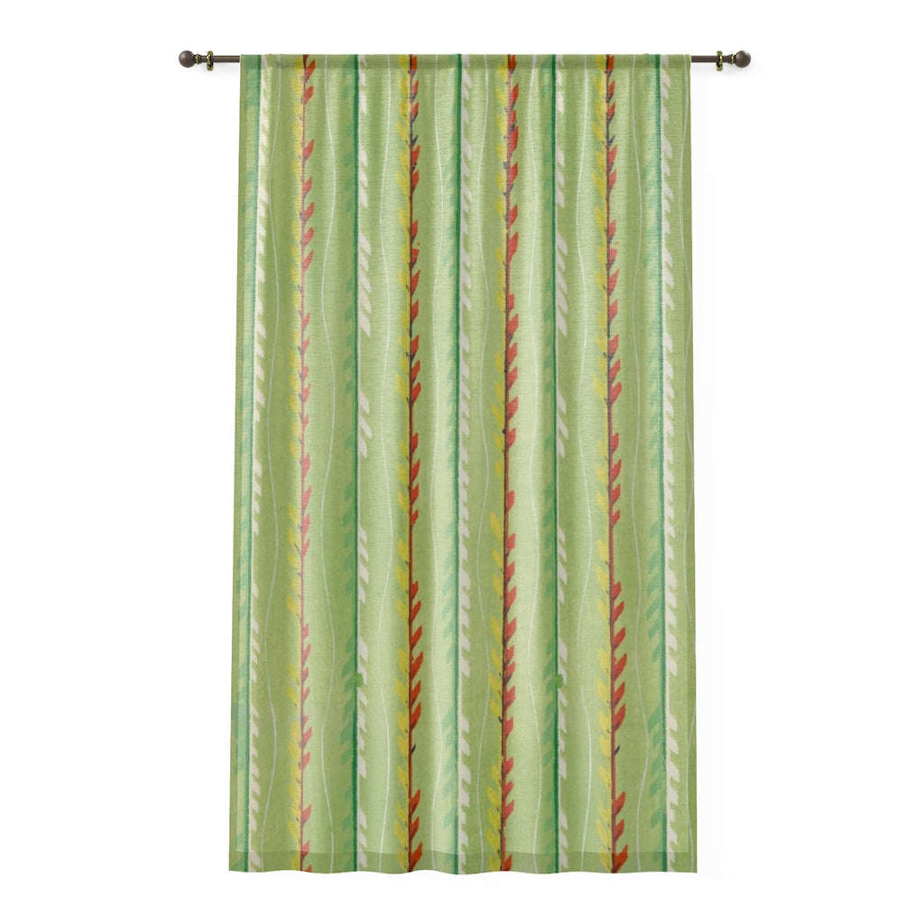Vintage Japanese Woodblock Print Green Striped Sheer Window Curtain