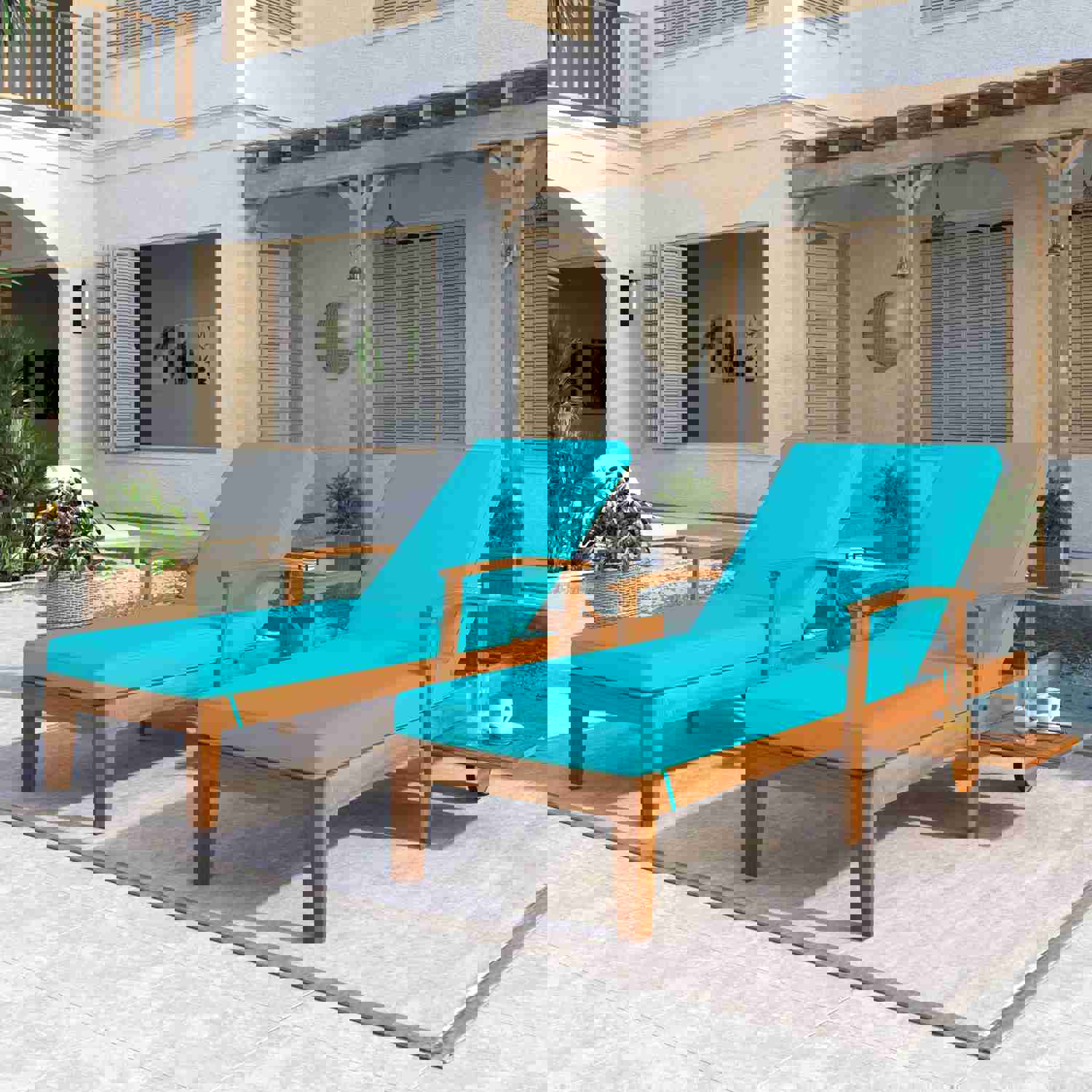 TOPMAX Outdoor Solid Wood 78.8 Chaise Lounge Patio Reclining Daybed with Cushion, Wheels and Sliding Cup Table - Set of 2