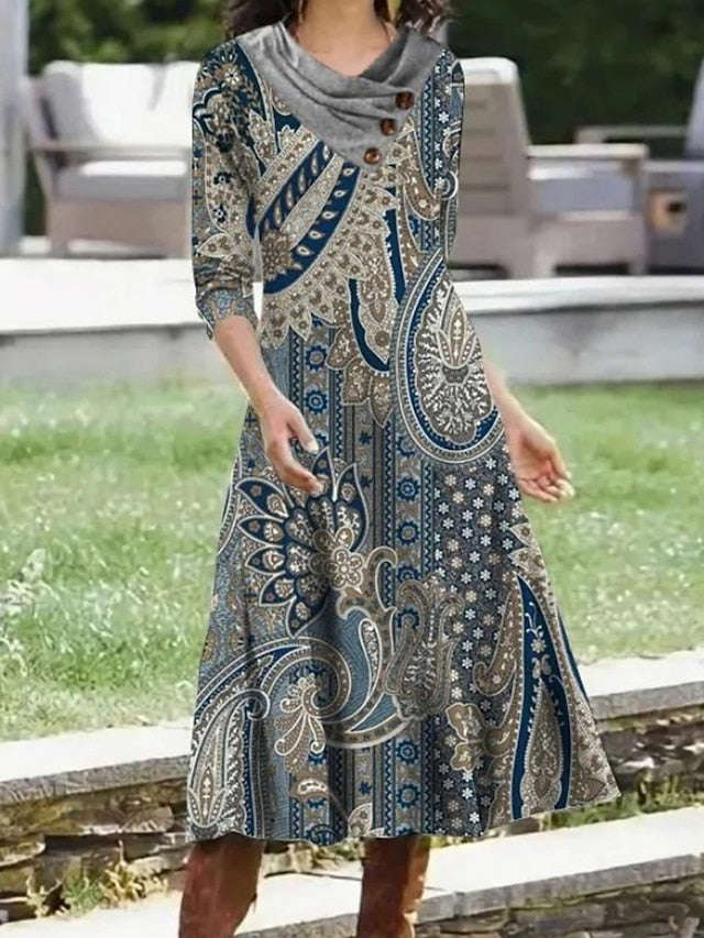 Women's Floral Print Maxi Dress - Boat Neck, 3/4 Sleeve with Button Detail