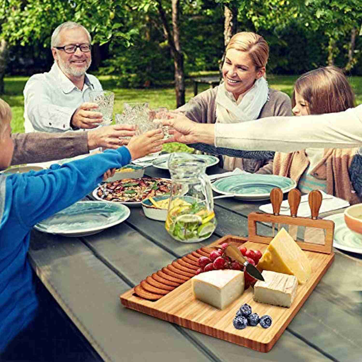 Bamboo Cheese Board Set with 4 Stainless Steel Knives - Perfect Gift for Christmas, Wedding, Birthday, and Anniversary