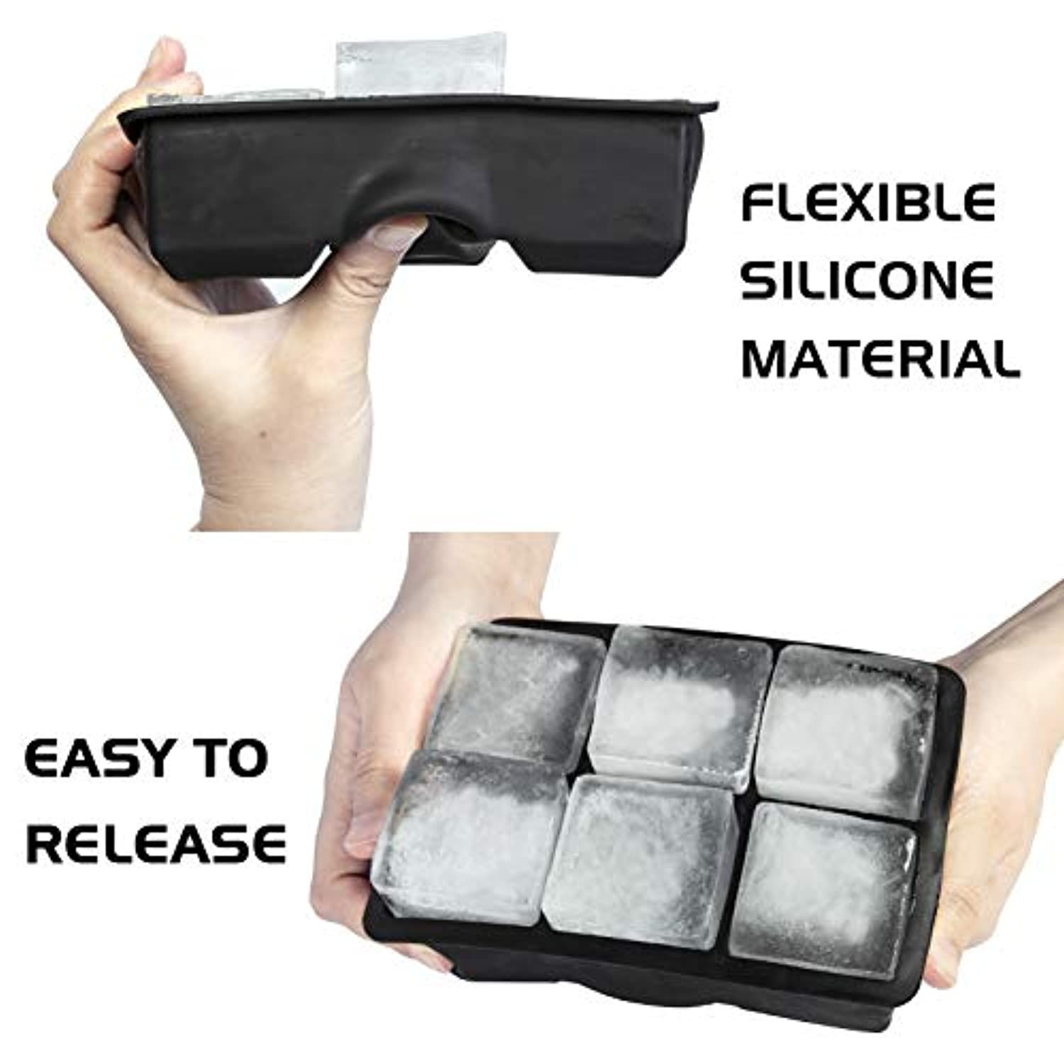 Ouddy 2 Pack Silicone Ice Cube Tray with Lid - 6 Large Cavities for 12 Ice Cubes, Reusable & Flexible Ice Mold Maker