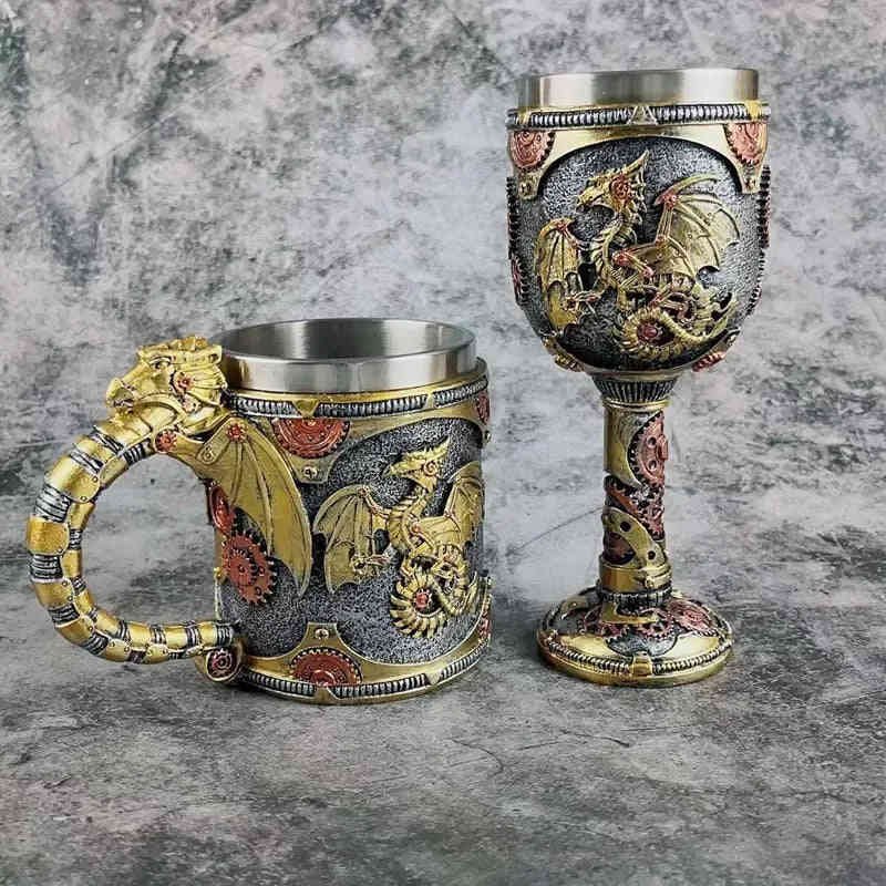 Creative 3D Mechanical Dragon Scale Beer Mug - Large Capacity Stainless Steel Resin Goblet