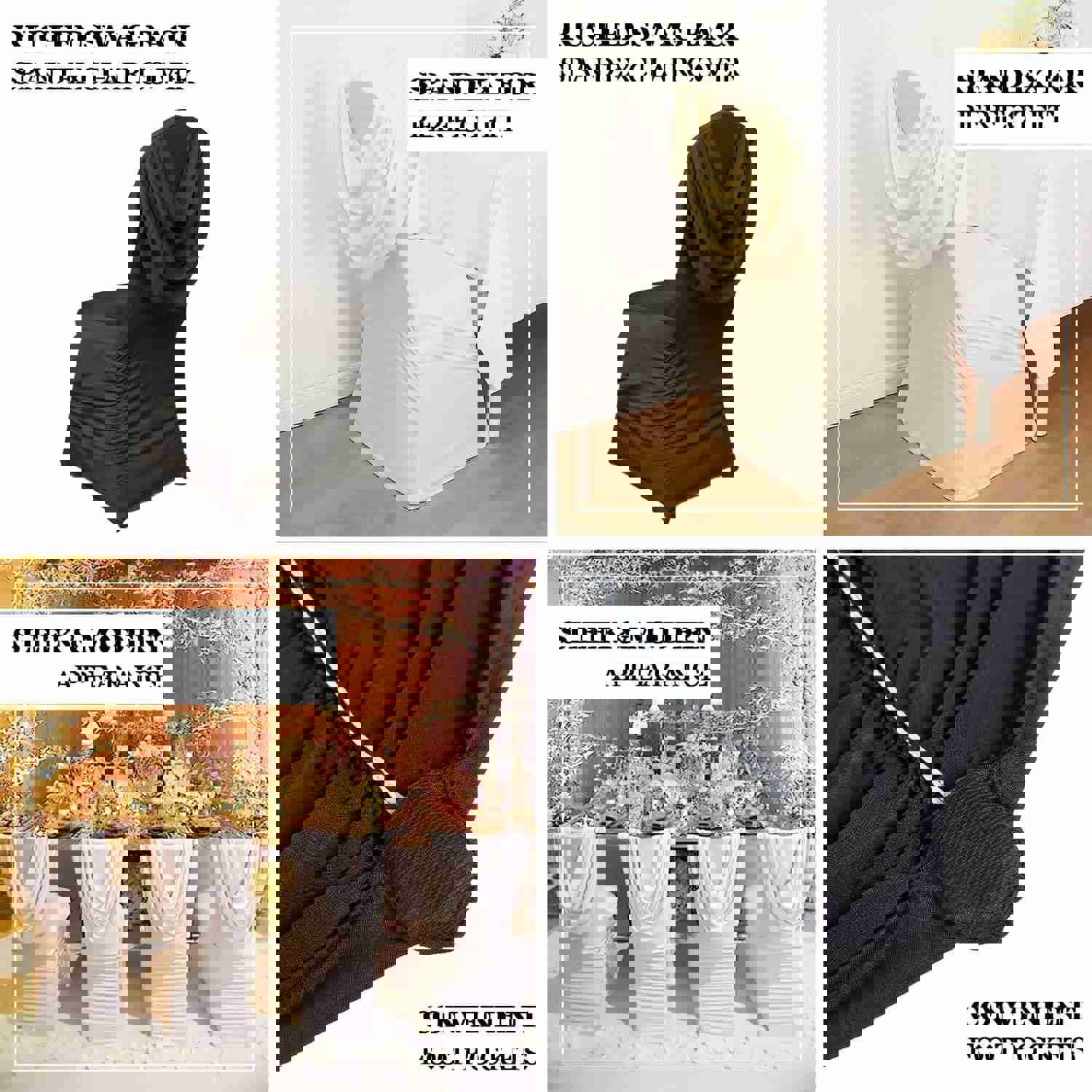 White Ruched Swag Back Spandex Fitted Banquet Chair Cover With Foot Pockets