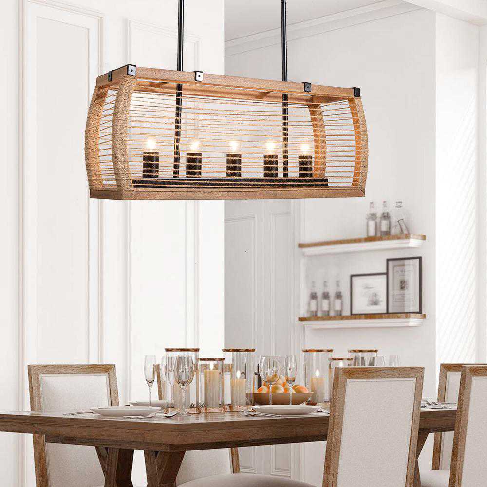 Rustic 5-Light Kitchen Island Linear Rectangle Pendant Light with Wood Washed & Jute Rope