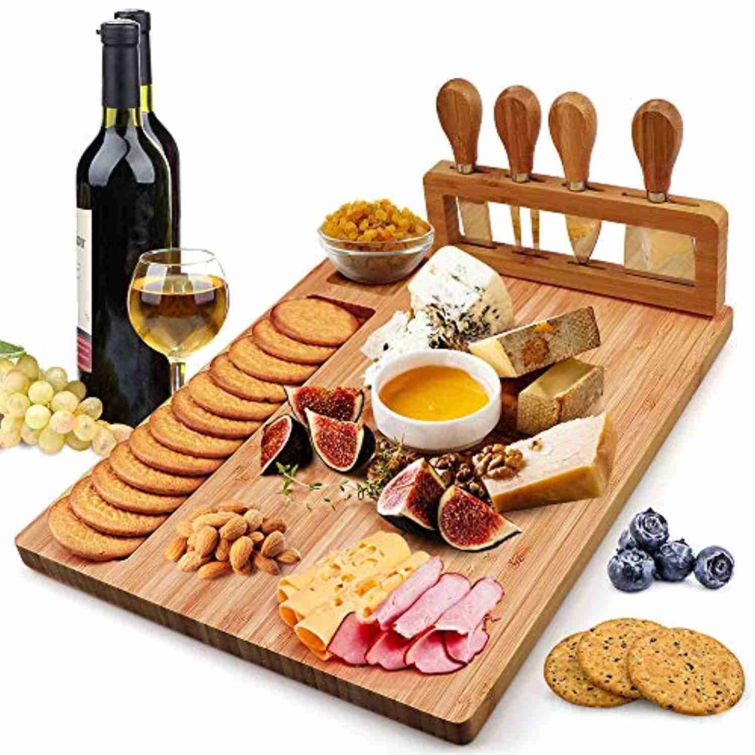 Bamboo Cheese Board Set with 4 Stainless Steel Knives - Perfect Gift for Christmas, Wedding, Birthday, and Anniversary