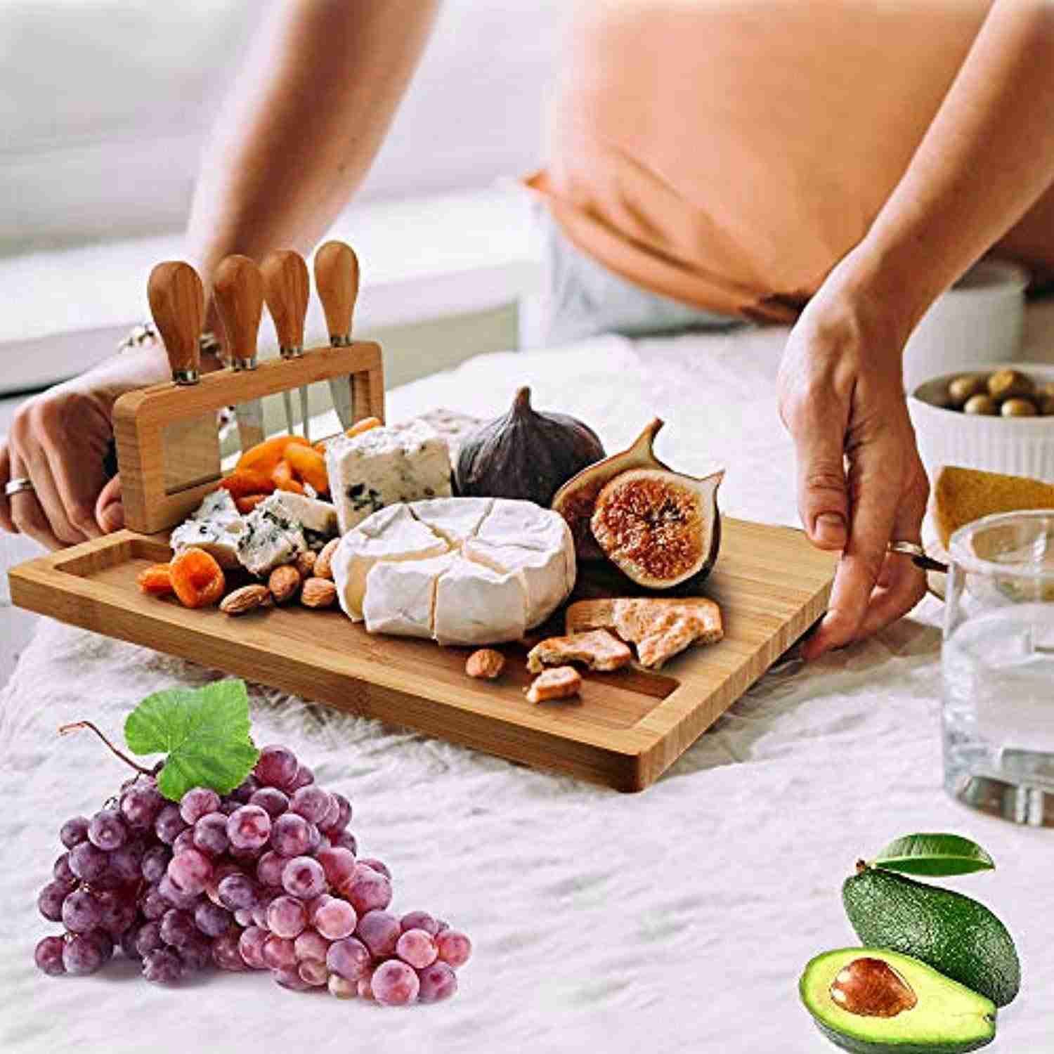 Bamboo Cheese Board Set with 4 Stainless Steel Knives - Perfect Gift for Christmas, Wedding, Birthday, and Anniversary