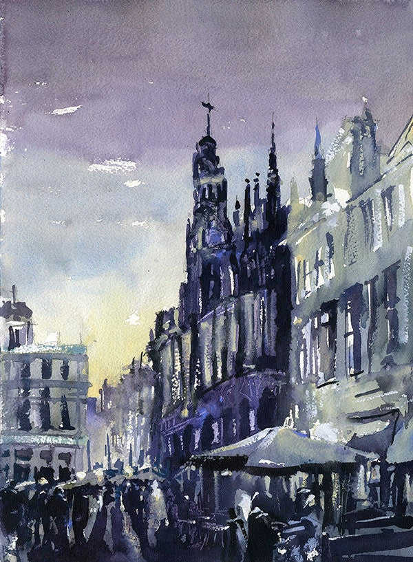 La Maison du Roi (Grand Museum) Brussels Night Illumination Watercolor Print