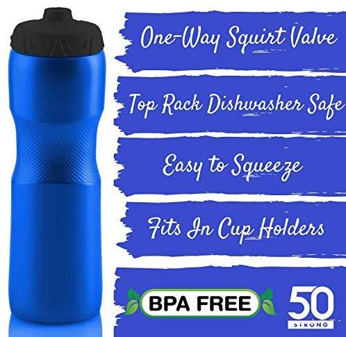 50 Strong Brand Jet Stream Sports Squeeze Water Bottle with One-Way Valve - Team Pack (Set of 6, 28 oz, Leak Proof, Made in USA)