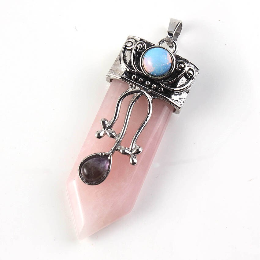 Natural Gnergy Gemstone Silver Plated Sword Stone Rose Pink Quartz Flower Pendant Fashion Jewelry