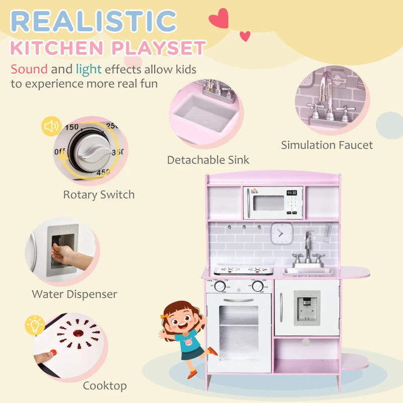 Qaba Wooden Play Kitchen with Lights and Sounds - Kids Pretend Kitchen Playset