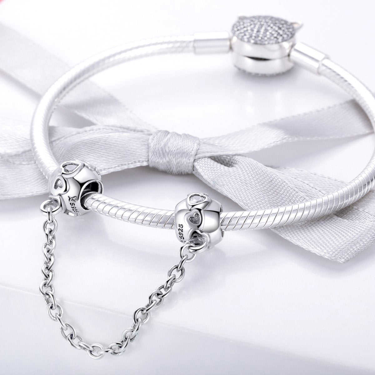 Sterling 925 Silver Heart Secure Chain Bead Pendant for Pandora & European Charm Bracelets