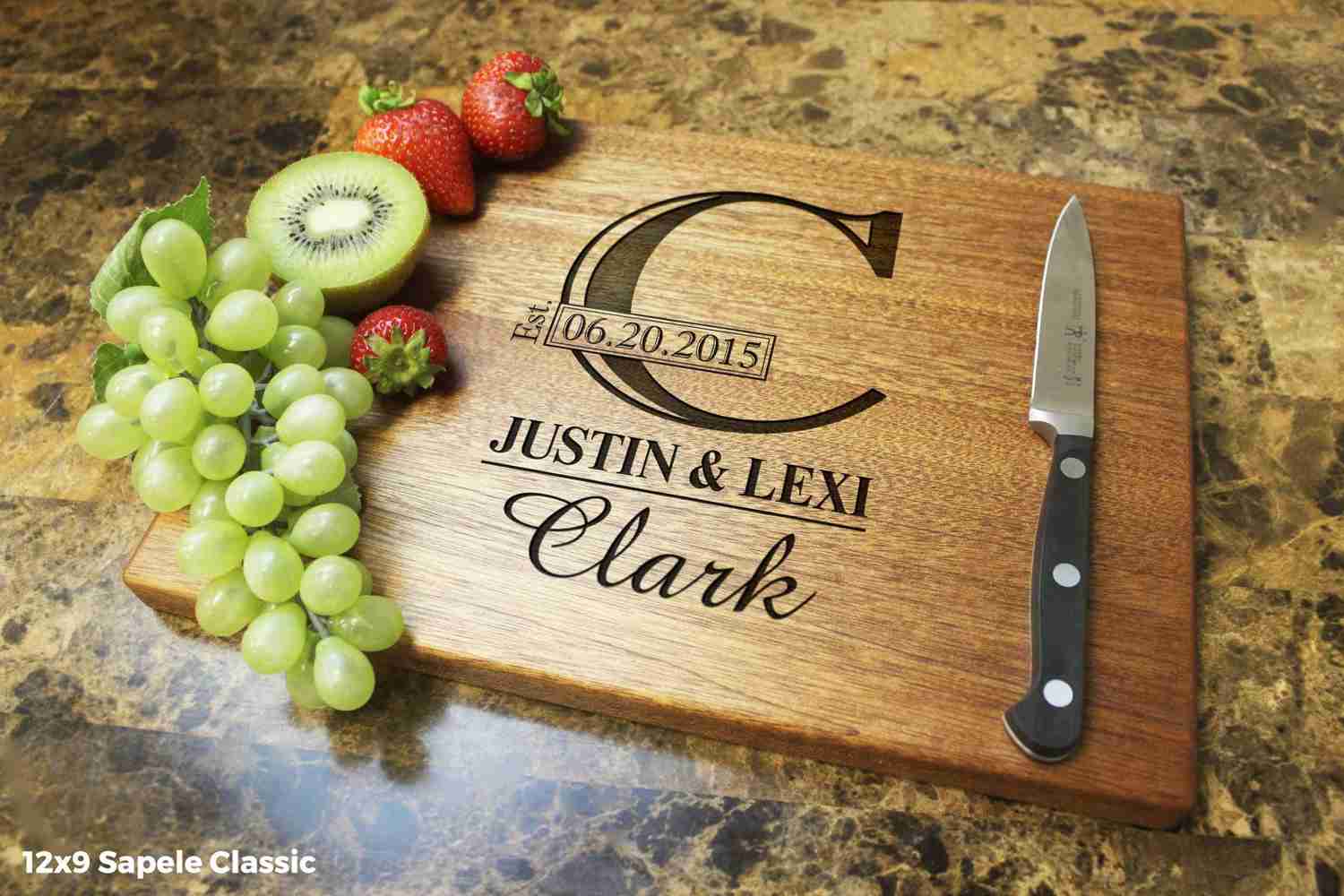 Personalized Engraved Wooden Cutting Board - Monogram Design for Wedding or Anniversary Gift